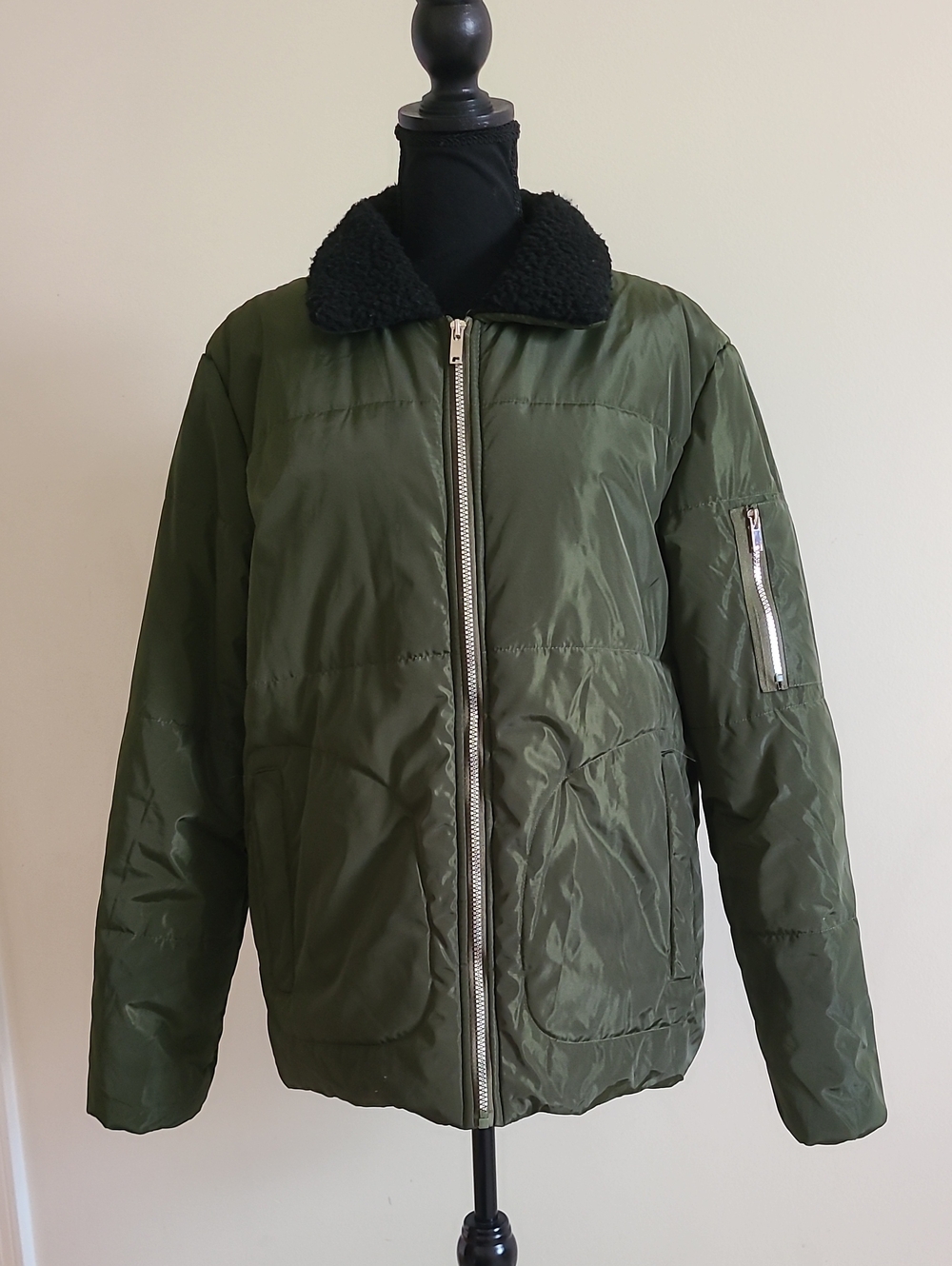American Stitch MA-1 Bomber Jacket M Olive Sherpa Collar Utility Flight